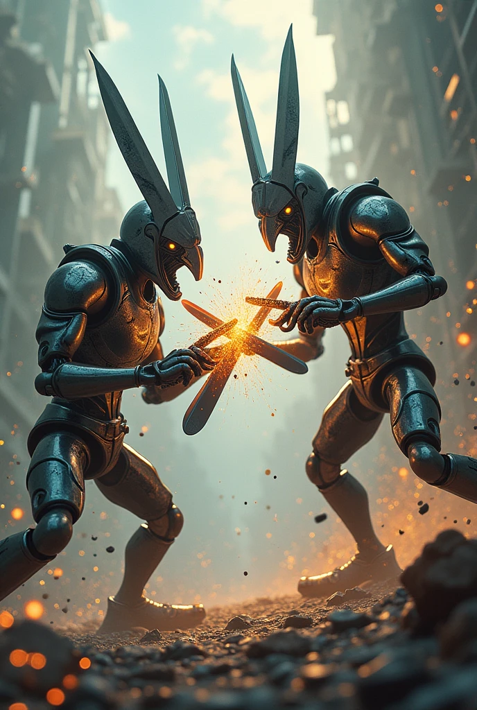 Human scissors battling in a human scissor battle using scissors as a weapon 
