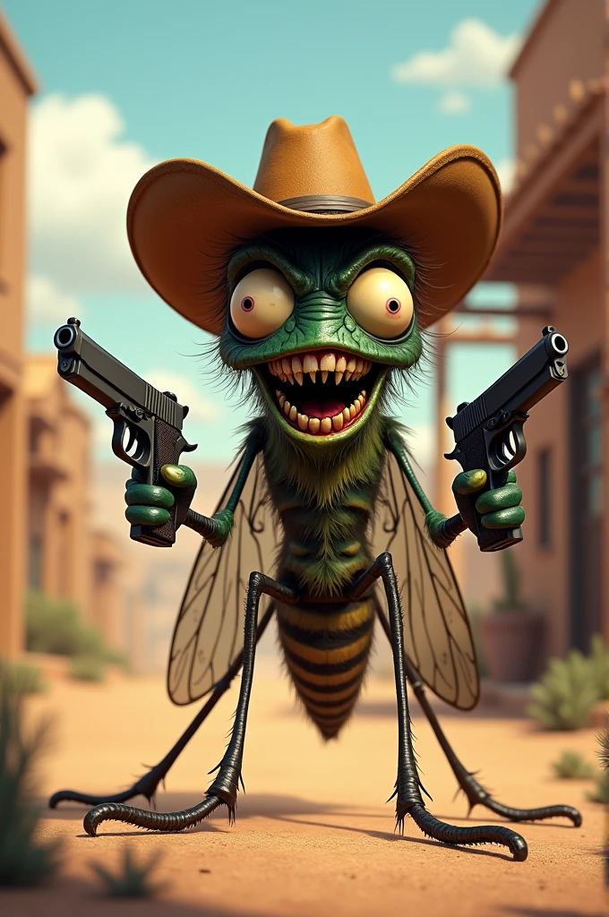 Mosquito with a bad face holding his guns with his cowboy hat that is a cartoon