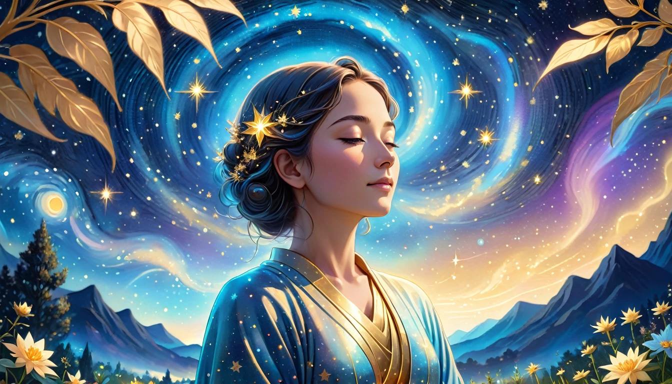 Person from the waist up, close-up, starry night scenery, garden in the background, golden and sky blue tones, glowing aura, pastel colors, spiritual, meditative, divine, sacred, inner peace, cosmic connection, photo, illustration, 3d render