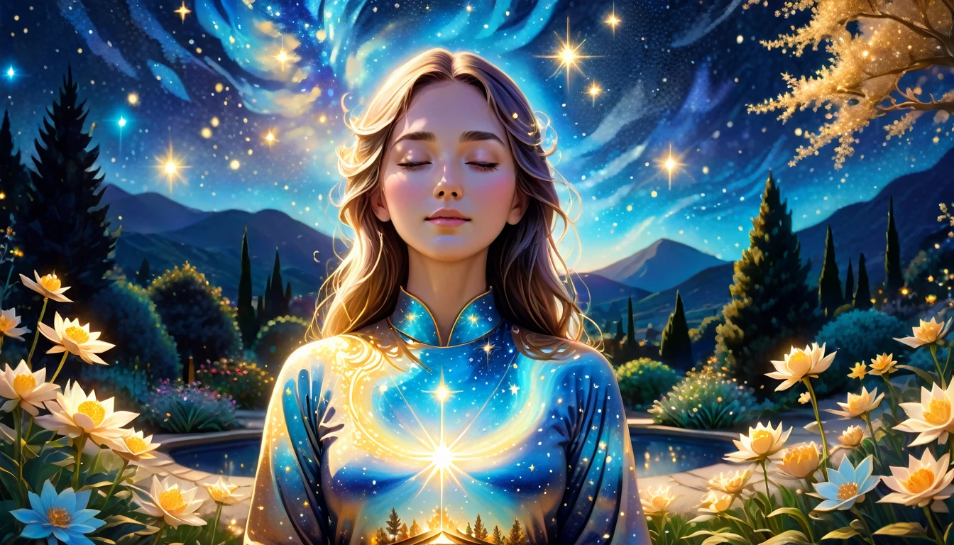 Person from the waist up, close-up, starry night scenery, garden in the background, golden and sky blue tones, glowing aura, pastel colors, spiritual, meditative, divine, sacred, inner peace, cosmic connection, photo, illustration, 3d render