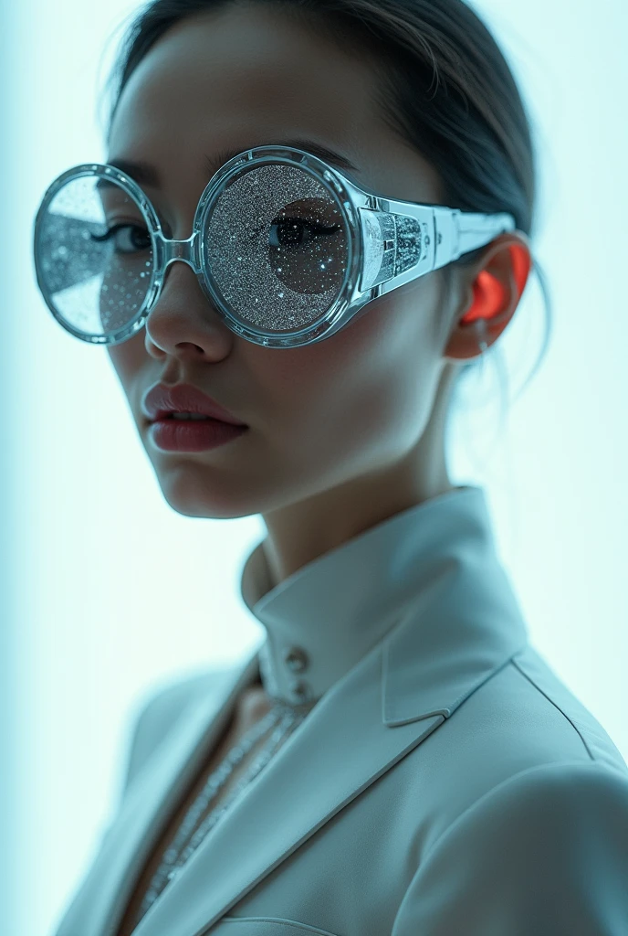 The model is wearing glass sunglasses with stars and the moon on the glass