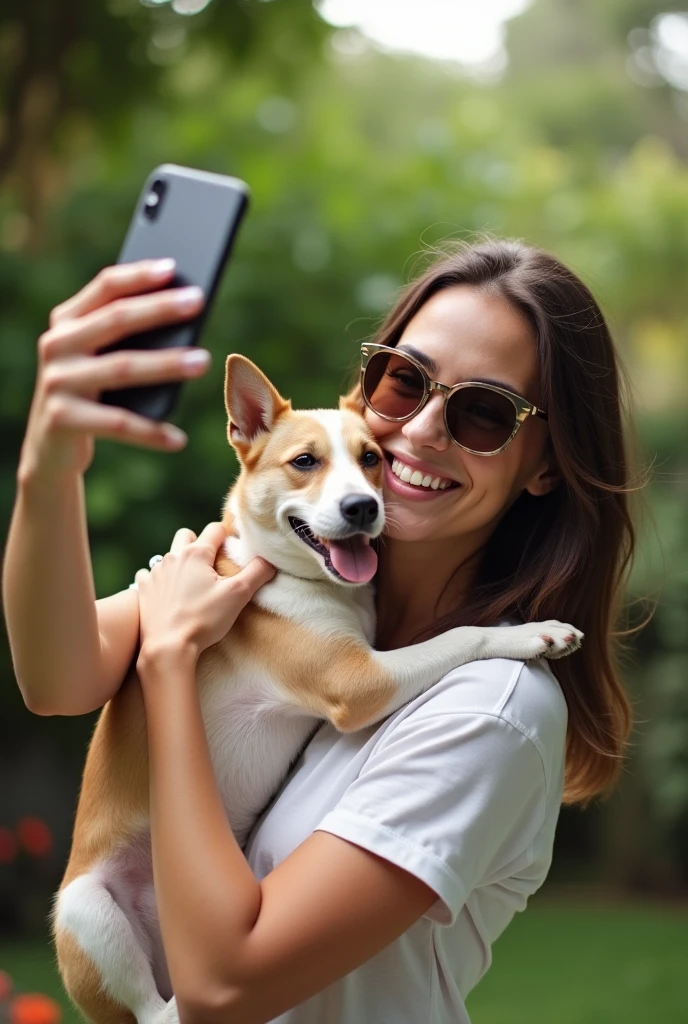 Now create a photo of a 25-year-old young girl in her backyard, hugging her dog taking a selfie from the front, wearing sunglasses, smiling at the camera. Make sure the scene looks completely natural and realistic. Let the selfie be seen from a side angle.