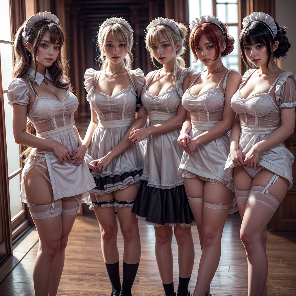 (Full Body of Extremely Detailed((Kawaii Maid Group in a row:1.37))), Childish perfect face, Reflective Eyes, Detailed(Delicate Clothing textures), Correct Leg Line, Dynamic Joyful Expressions LifeLike Rendering, Specular Reflection, TopQuality 8K Ultra-detailed masterpiece (ProfessionalPhoto:1.37), (Acutance:0.8), (Luminism:1.28), (Renaissance art style), Colorful Light particles, ((Full body from side)), {MicroMini(SkirtLift)|Kissing|Breast Lifting|Undressing|Thigh Gap}, Radiant Fine Skin with Transparency, (Exposed:0.5), (Different types of Anime hair color){Pink Hair|Light Blue Hair|Pure White Hair}, Perfect Lighting 