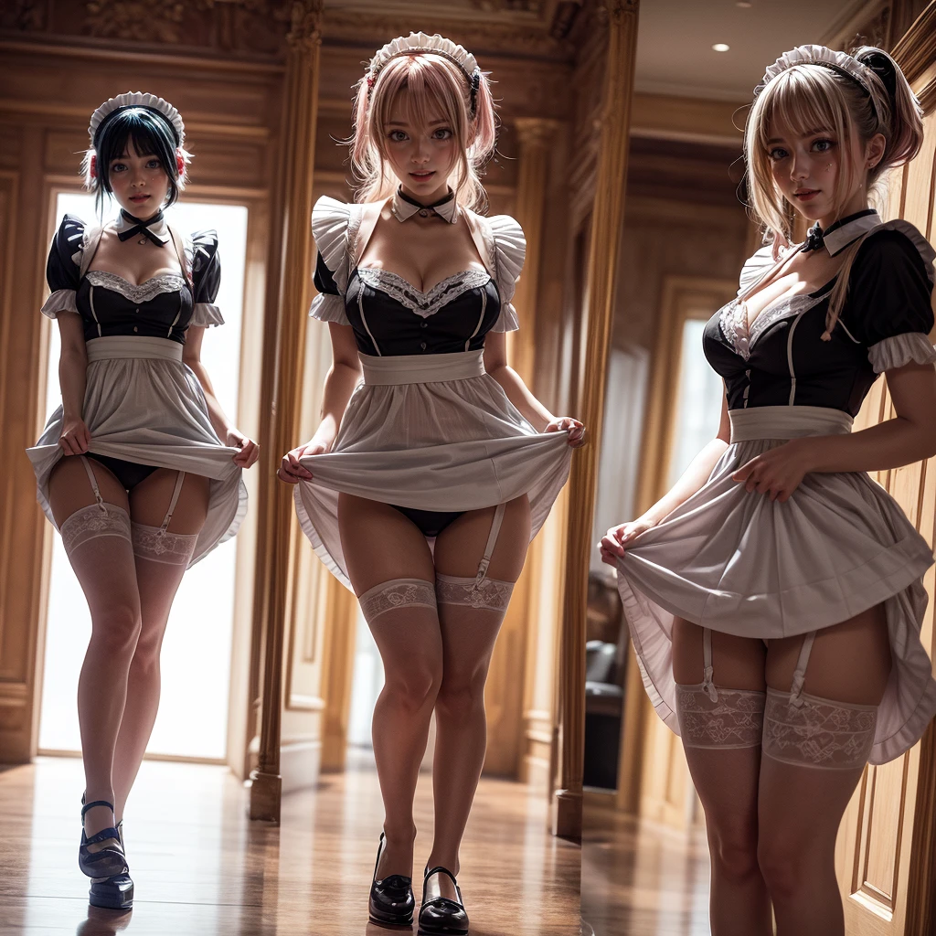 (Full Body of Extremely Detailed((Kawaii Maid Group in a row:1.37))), Childish perfect face, Reflective Eyes, Detailed(Delicate Clothing textures), Correct Leg Line, Dynamic Joyful Expressions LifeLike Rendering, Specular Reflection, TopQuality 8K Ultra-detailed masterpiece (ProfessionalPhoto:1.37), (Acutance:0.8), (Luminism:1.28), (Renaissance art style), Colorful Light particles, ((Full body from side)), {MicroMini(SkirtLift)|Kissing|Breast Lifting|Undressing|Thigh Gap}, Radiant Fine Skin with Transparency, (Exposed:0.5), (Different types of Anime hair color){Pink Hair|Light Blue Hair|Pure White Hair}, Perfect Lighting