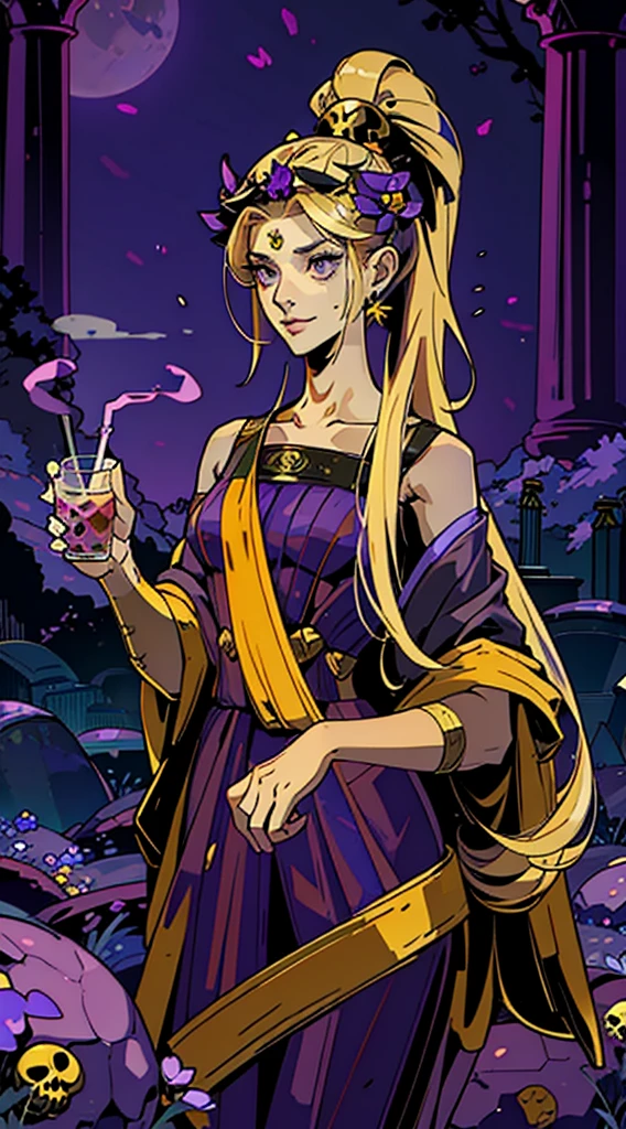 1girl, alone, , young, blonde hair, 2 ponytails, hairquilts, hair quilts, purple eyes, insister sur les reflets des yeux violets, well detailed eyes, cheveux blonds, long hair, violet short dress, purple short dress, robe violette, pinstriped black and purple tights, purple clothes, playful, smiling, timid expression, hades style, hades game, Jen zee style, greek themed image, greek background, arachnea character inspiration, dusa inspiration, tartarus scenery, in a cemetery with bats, skulls in the background, fumes, greek columns in background, lots of columns, greek architecture, green themed image, black furniture, yellow touches of color, purple fog, looking at viewer, holding a drink, holding a bubble tea, cute creepy themed image, hades, game, wiki