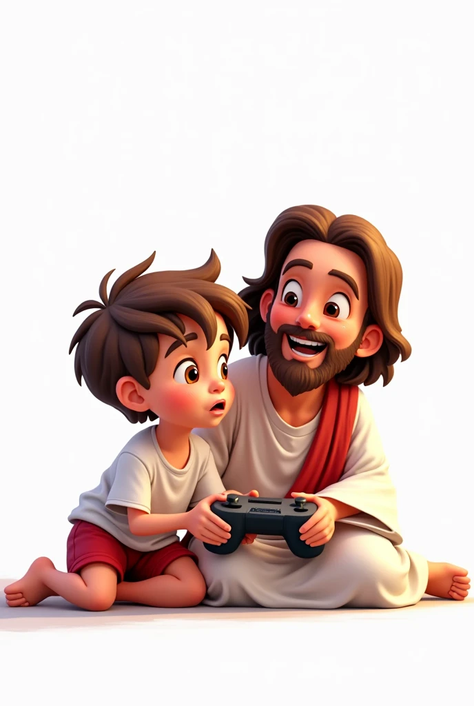8 year old boy, short light brown hair, brown eyes with white shirt and red shorts. Sitting next to Jesus Christ and both playing PlayStation smiling, with white background Disney cartoon style animation 