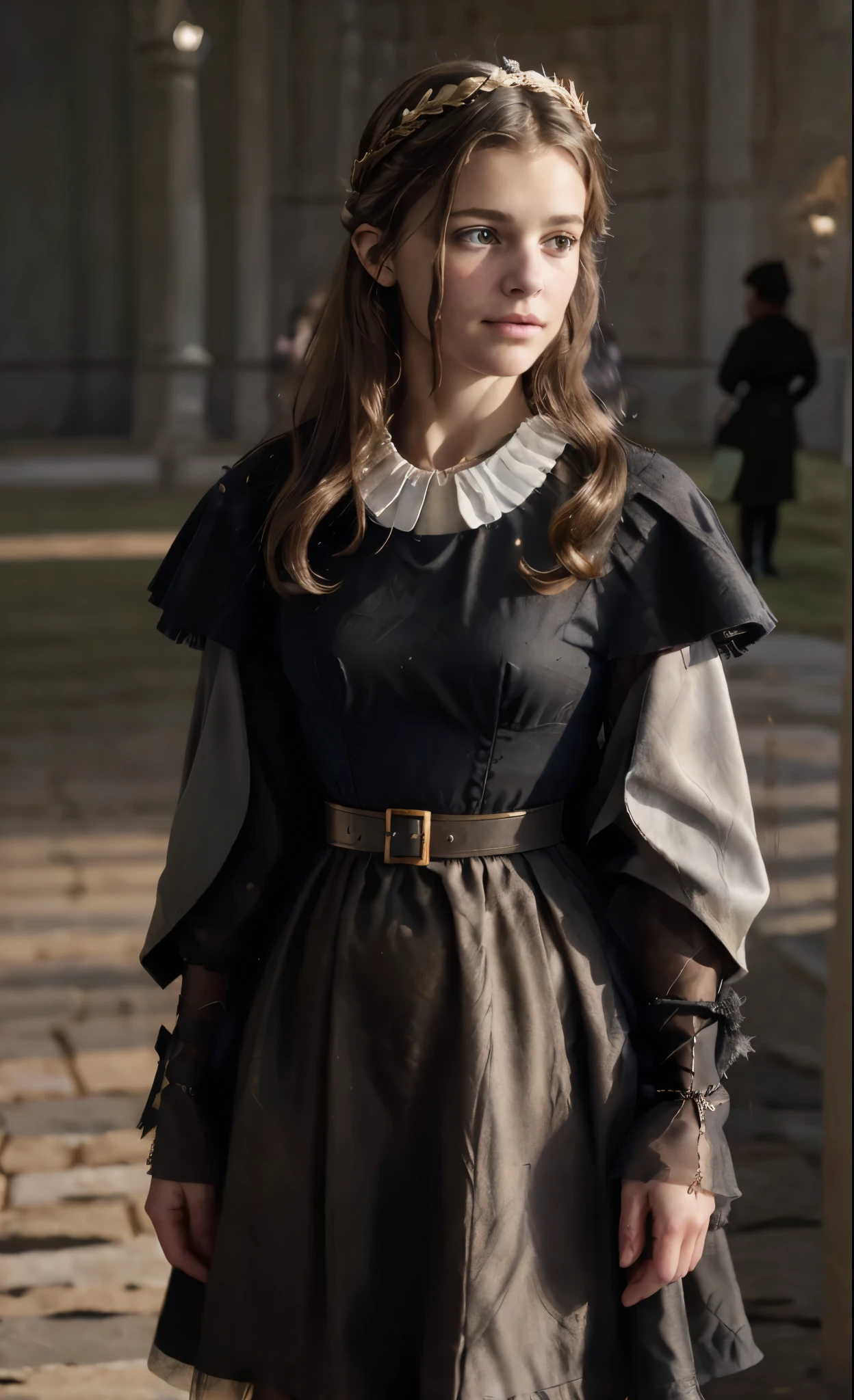 masterpiece, best quality, soft light, bokeh, real shadow, cinematic, subsurface scuttering, solo, British brunette, 1girl, black and gold dress, uniform, organza dress, capelet, renaissance, French, young woman, youthful, beautiful, (military uniform:1.43), estate grounds, messy long hair, (soft smile, smirk, happy:1.33), upper medium shot, shoulder cape, french maid, seneschal, french royalty, knight, peplos, noblewoman, princess