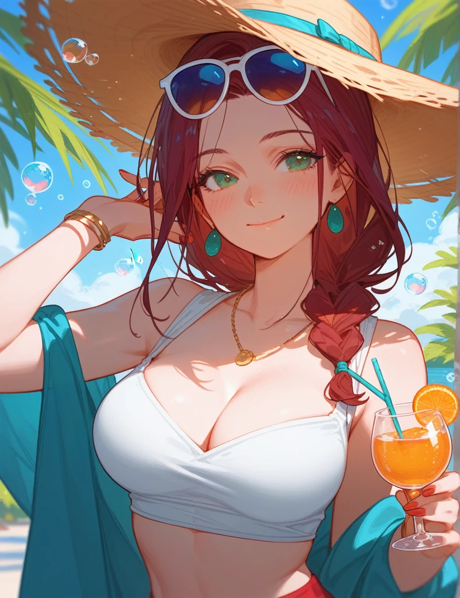 score_9_up,score_8_up, 1girl, solo, green eyes, burgundy hair, braid, long hair, ((blush)), closed mouth, smile, big breast, pose, (thin girl:1.2), (bubbles), ((entertainment park)), sunglasses, (glass with a straw)