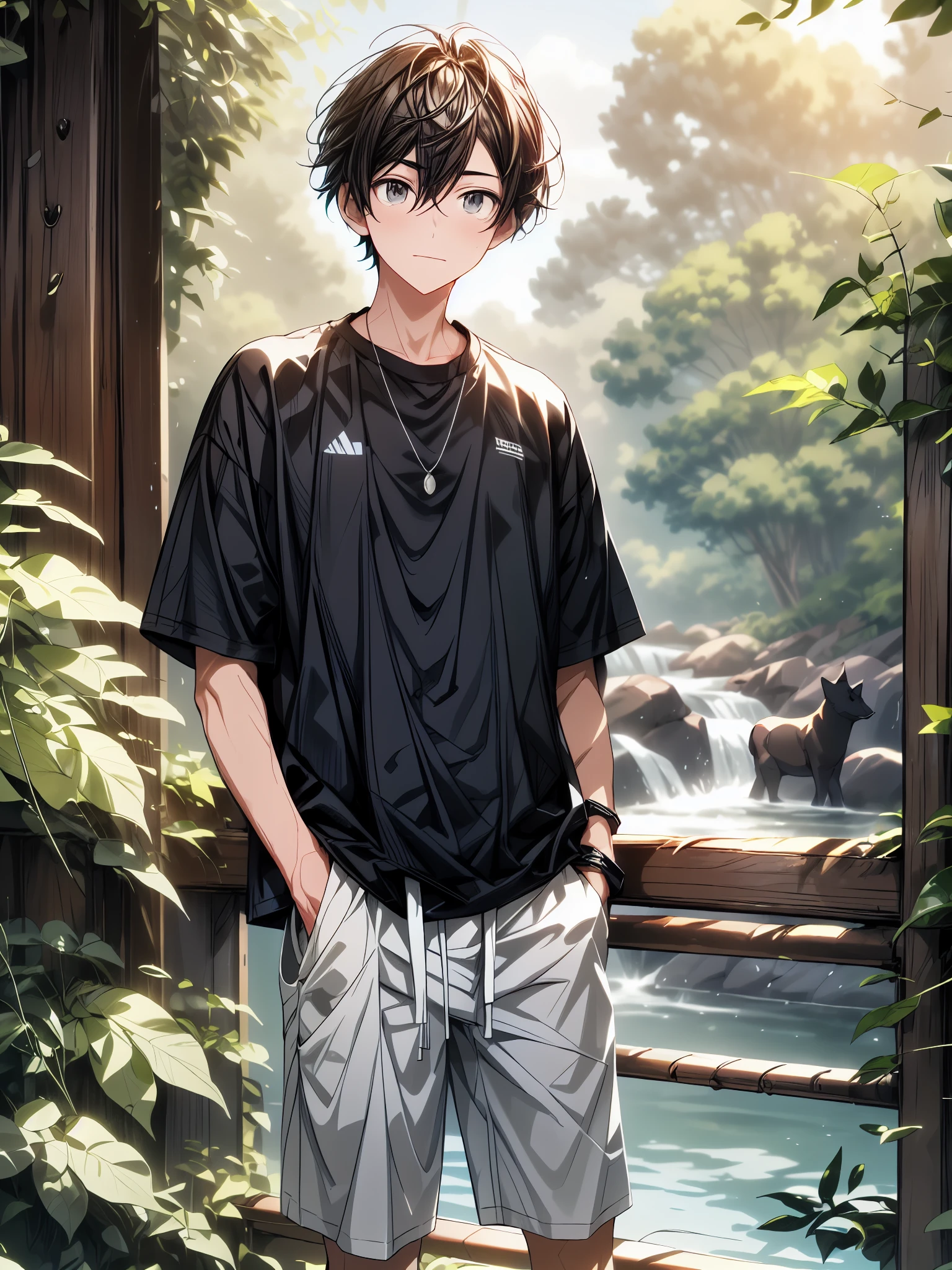 Digital illustration featuring a young man standing in a forest, dark hair and fair skin, with a neutral expression on his face. He is wearing a "black shirt "over a "white t-shirt" and "((black shorts, black half pant))", with his hands casually in his pockets. The background was forest with trees, and glow. The sky is a blend of soft blue. 4k, UHD, ultra high quality,