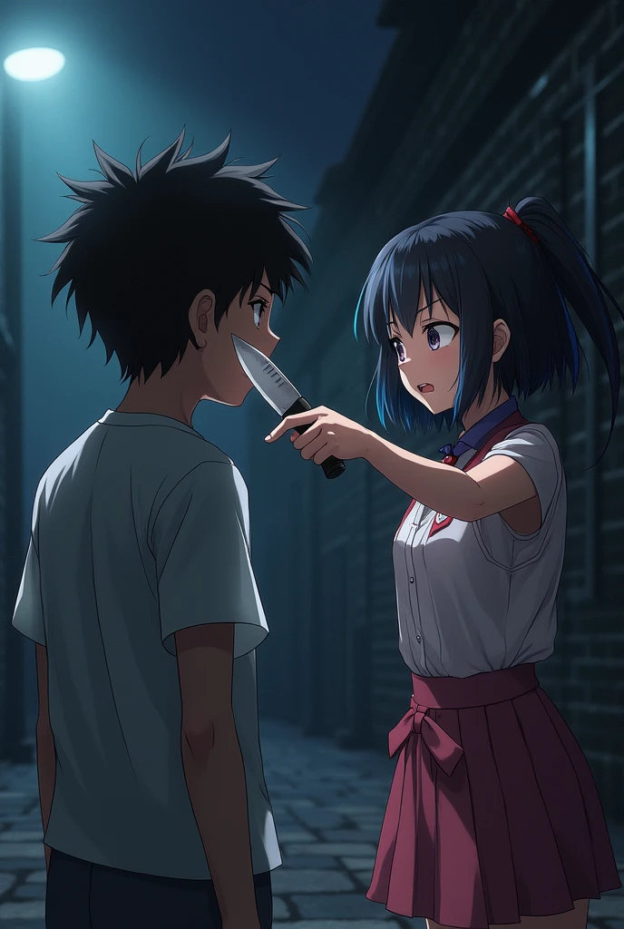 Anime girl pointing a knife at a boy