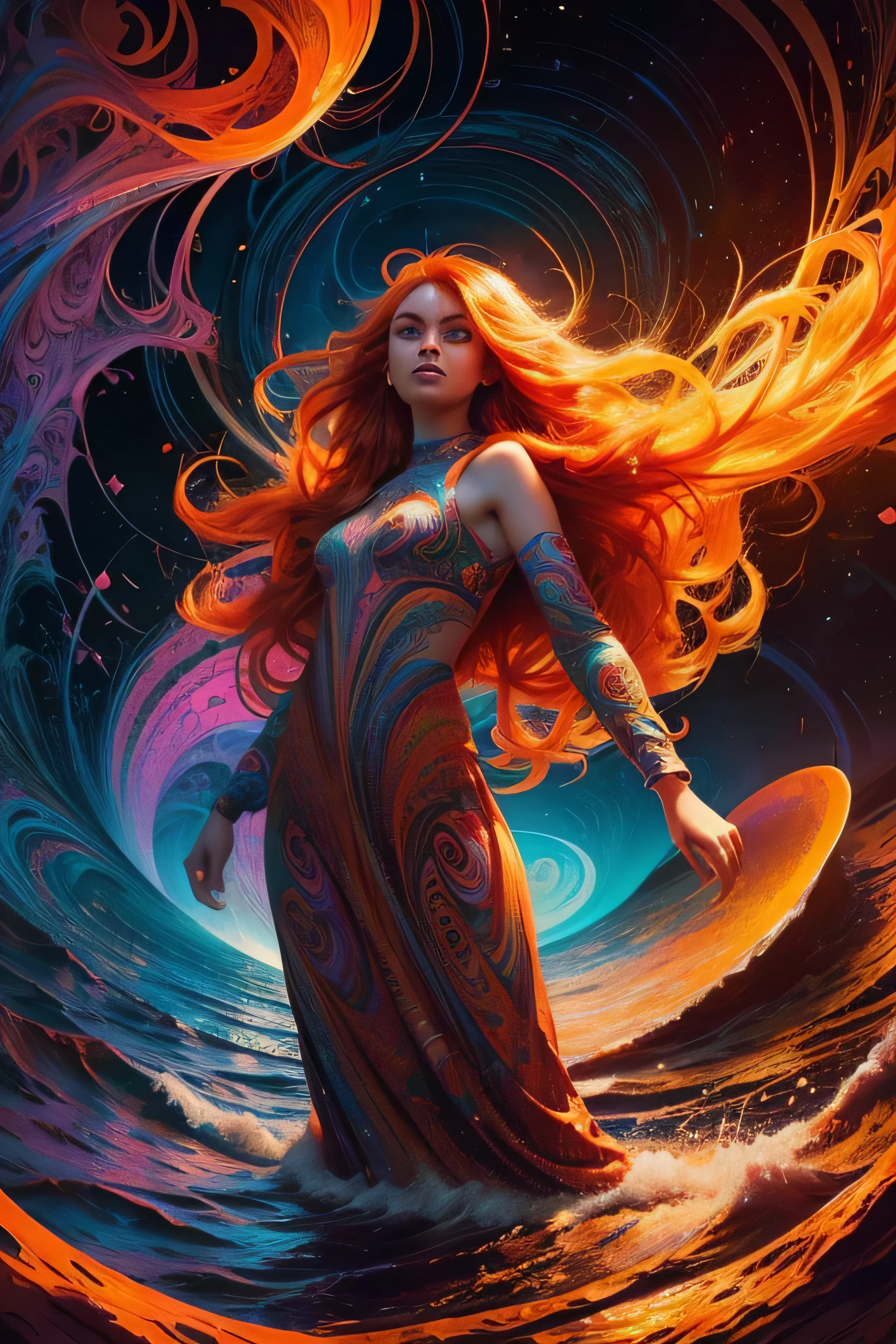 (Psychedelic painting of beautiful orange-haired woman standing in front of colorful whirlpools), ((Multi-wide long orange hair)), spread arms, Light and shadow, Waves, Multi-layered, foreground, Distant view, fractal thunder dan mumford, Dan Mount Ford and Alex Gray style, psychedelic surreal art, surreal psychedelic design, Fantasy art style, Illusion psychedelic art, Infinite psychedelic waves, Inspired by Cyril Rolando, True corrugated structure, Psychedelic art style, trippy art, psychedelic illustrations,Bio-luminescence, vibrant, Colourful, Color, (Glowing, Glow), (Beautiful composition), Cinematic lighting, Intricate, (Symmetrical:0.5), Whimsical,