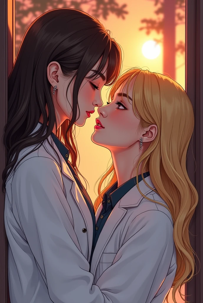 A drawing inspired by The Secret of Us, a lesbian drama., where one of the characters has straight brown hair and is a doctor, the other has blond hair and is an actress. manhwa style . They are Thai