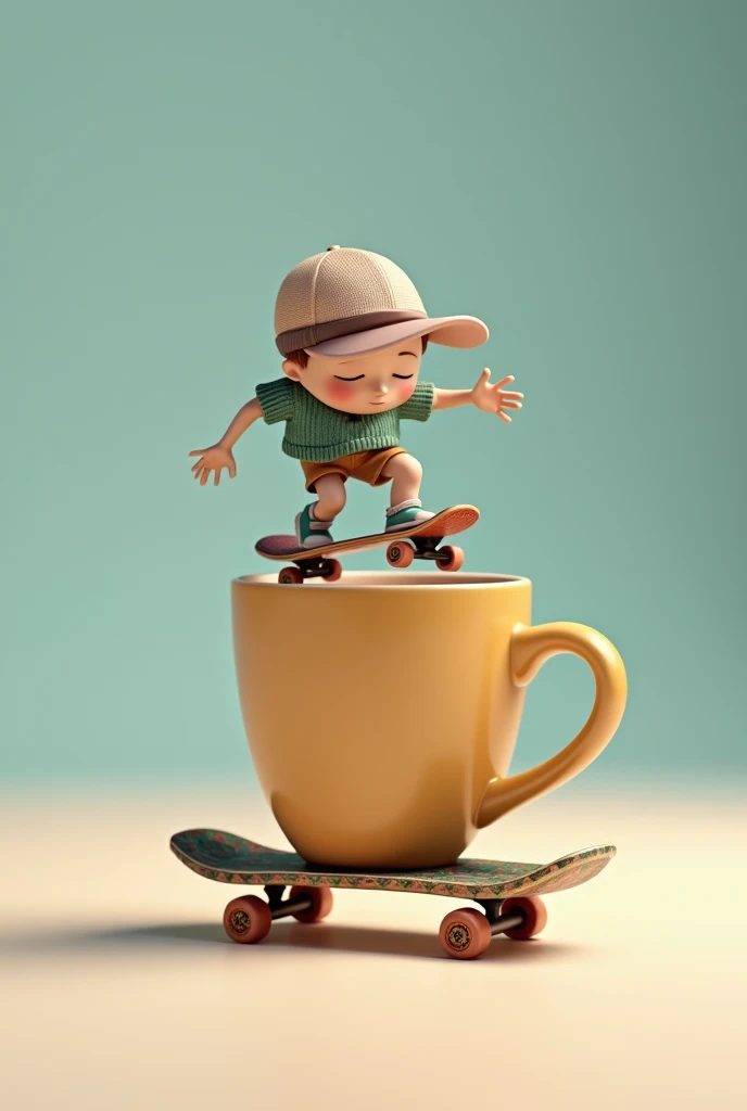 Coffee mug with a cap skating on a skateboard