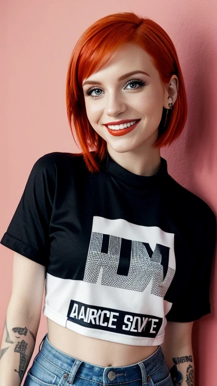 Hayley Williams wearing sexy songwriter clothes with lipstick and smiling