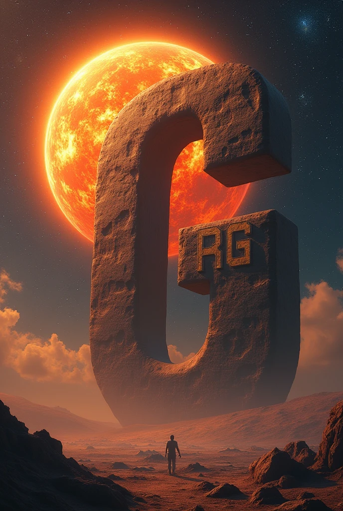 Giant letter three times bigger than the sun, with the sun written on the side "RG"