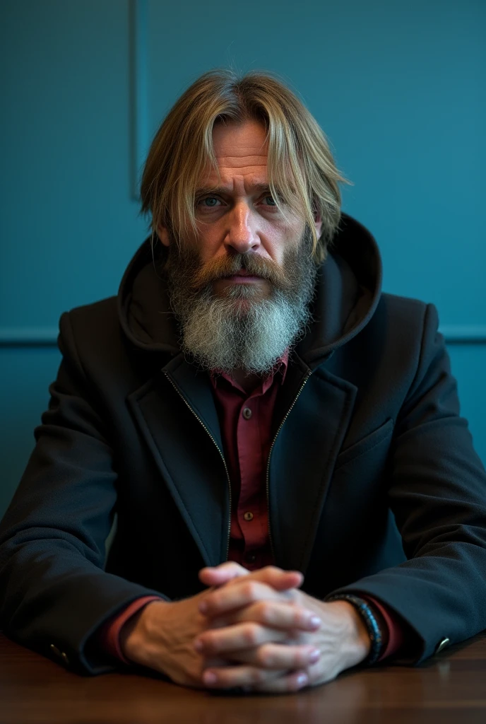 Create Luke A New Man, bearded man with straight hair like straw looking like an ear of corn but brown, your look is sad and depressed, without hope, because he accidentally caused the death of his son.He wears a black coat and the hood is on his head, Red shirt that is hard to see and a black bracelet on the right hand. Your hands are on a circular table where two more men are sitting.. The photo only shows the backs of the two men, while luke appears (half up) and behind is a blue wall