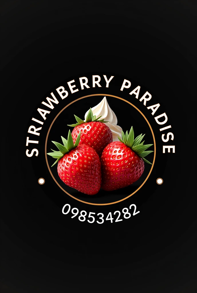 Logo circular ,of strawberries with simple cream,elegant, minimalist design, realism ,that says around Strawberry Paradise black background on the inside of the border that is the number 0985342882 and the WhatsApp icon