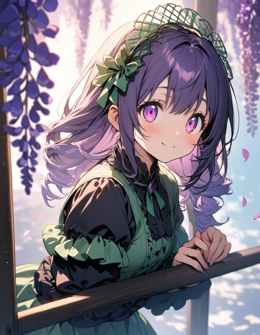 1 girl,solo,16yo,(Rotating on bars),amazing quality, aesthetic, aesthetic,ultra-detailed face,detailed eyes,round eyes, tareme,pink eyes,BREAK,Green fascinator,Purple wisteria decoration Green Lolita fashion,BREAK,Purple Hair,drill hair,depth of field,wisteria tree ,blue sky,(petals:1.3),masterpiece,8K,top quality, highly detailed illustration,smile,rim light