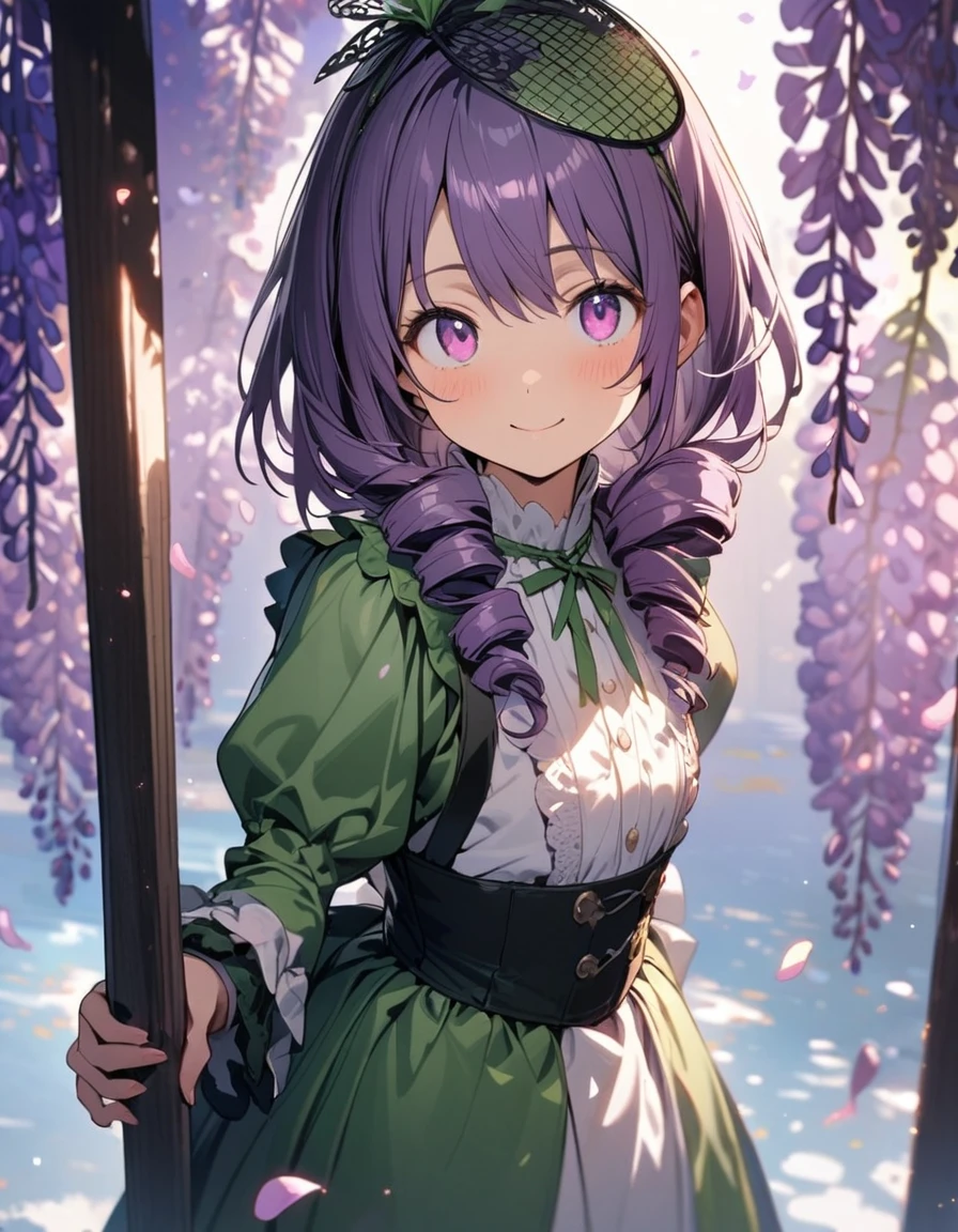1 girl,solo,16yo,(Rotating on bars),amazing quality, aesthetic, aesthetic,ultra-detailed face,detailed eyes,round eyes, tareme,pink eyes,BREAK,Green fascinator,Purple wisteria decoration Green Lolita fashion,BREAK,Purple Hair,drill hair,depth of field,wisteria tree ,blue sky,(petals:1.3),masterpiece,8K,top quality, highly detailed illustration,smile,rim light