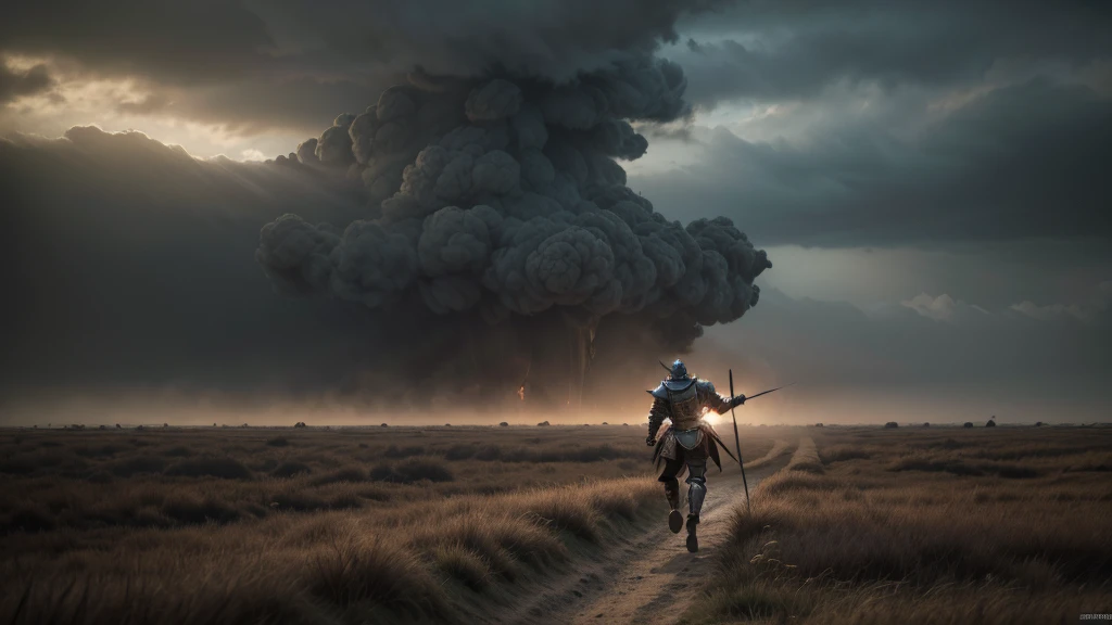 a medieval man running away in a war field, detailed medieval armor, knight, battle, chaos, smoke, fire, blood, dark cloudy sky, dramatic lighting, cinematic, epic, gritty, moody, muted colors, (best quality,4k,8k,highres,masterpiece:1.2),ultra-detailed,(realistic,photorealistic,photo-realistic:1.37)
