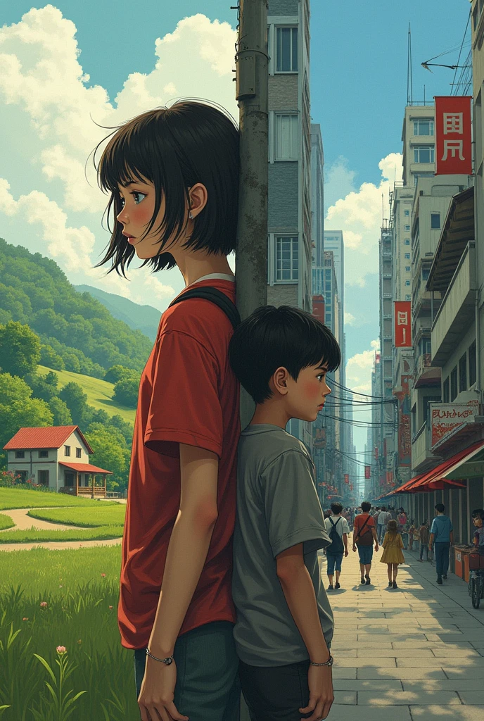 Image of a girl living in the countryside and a boy living in the city having to face the harshness of society to overcome

