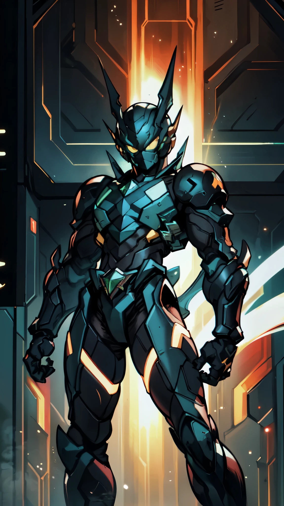 (masterpiece:1.5, best quality:1.5, extremely delicate:1.5), a man wearing a full-face helmet, a fantasy-style biotech armored combat suit, green eyes, (a composite layered chest armor), fully enclosed shoulder guards, matching arm and leg guards, belt of Neon circuit, (the color scheme is primarily black with green and red accents), the design balances heavy with agility, a high-tech bio-mecha armor, (Armor Concept Inspired by Kamen Rider, stand on the top of a skyscraper in a futuristic sci-fi city), this character embodies a finely crafted fantasy-surreal style armored hero in anime style, exquisite and mature manga art style, (element, plasma, energy, the armor glows), ((male:1.5)), metallic, high definition, highres, ultra-detailed, ultra-fine painting, professional, perfect body proportions, golden ratio, anatomically correct, symmetrical face, extremely detailed eyes and face, high quality eyes, creativity, RAW photo, UHD, 32k, Natural light, cinematic lighting, masterpiece-anatomy-perfect