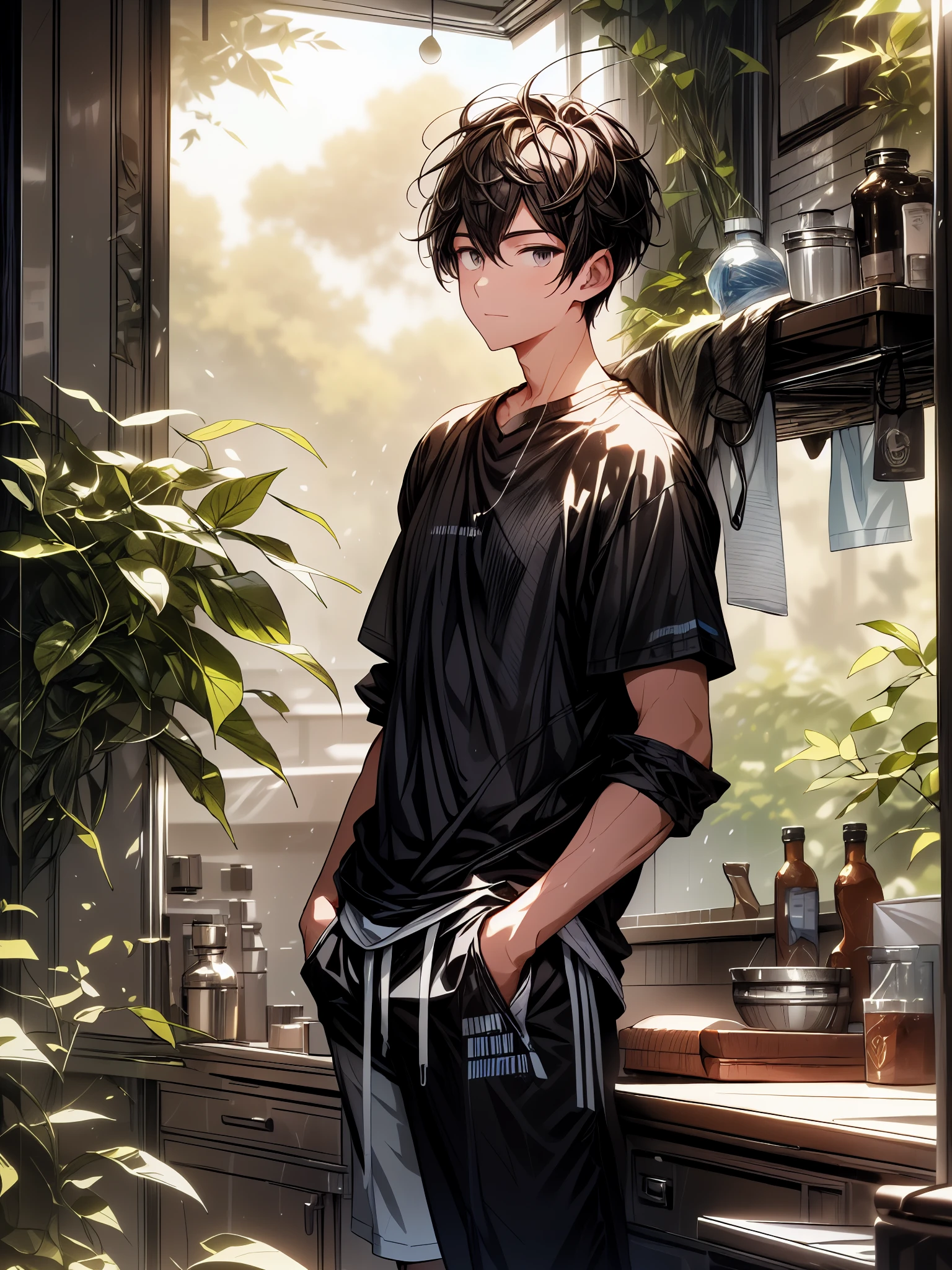 Digital illustration featuring a young man standing in a forest, dark hair and fair skin, with a neutral expression on his face. He is wearing a "black shirt "over a "white t-shirt" and "((black shorts, black half pant))", with his hands casually in his pockets. The background was forest with trees, and glow. The sky is a blend of soft blue. 4k, UHD, ultra high quality,