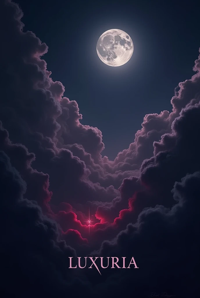 "Design a dark and sensual album cover for the song 'LUXURIA,' evoking a sense of mystery and hidden desires through imagery of the night sky. The scene should feature a velvety, dark sky filled with deep shadows and subtle, swirling clouds that hint at hidden secrets. Soft, alluring hues of purples and midnight blues dominate the palette, creating an atmosphere of seduction intertwined with melancholy. A dim, almost eerie light emanates from a hidden source, casting faint, tempting glows that dance across the clouds, representing the seductive allure of forbidden desires. The moon, partially obscured by the clouds, adds an element of mystery, while subtle hints of crimson light symbolize the sinful undertones of the song. The title 'LUXURIA' should be written in an elegant, flowing script that conveys both beauty and danger, subtly blending into the seductive yet haunting atmosphere of the night sky."