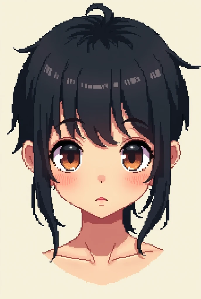 Pixel art, black short mullet cut style hair, brown eyes, white skin, girl.