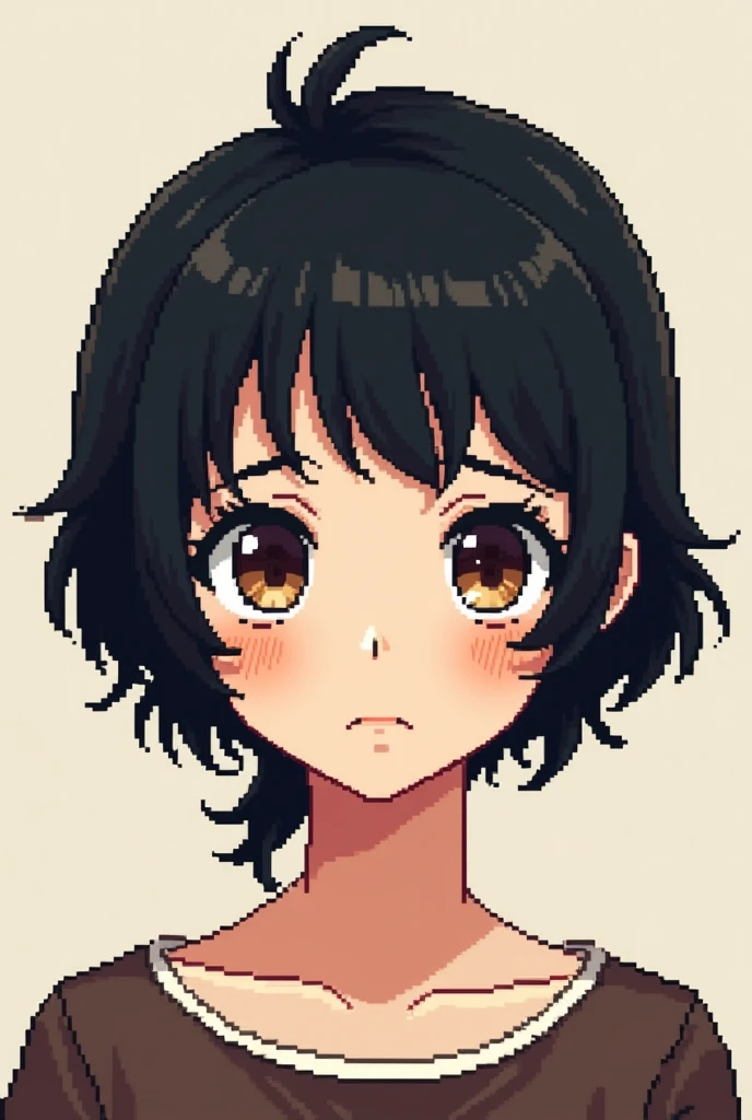 Pixel art, black short mullet cut style hair, brown eyes, white skin, girl.