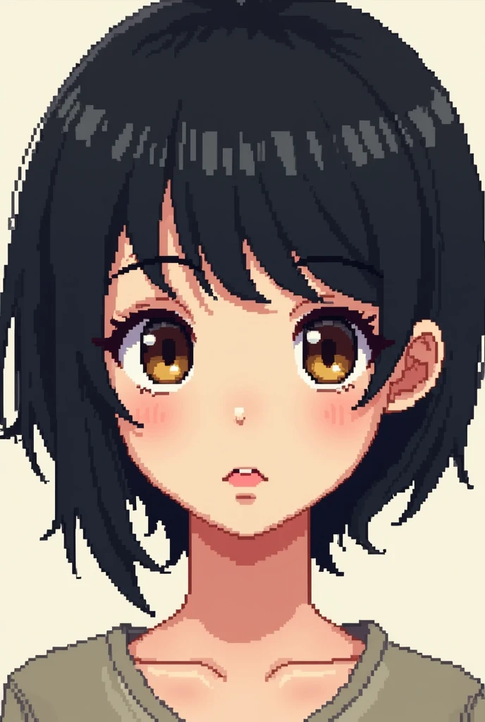 Pixel art, black short mullet cut style hair, brown eyes, white skin, girl.