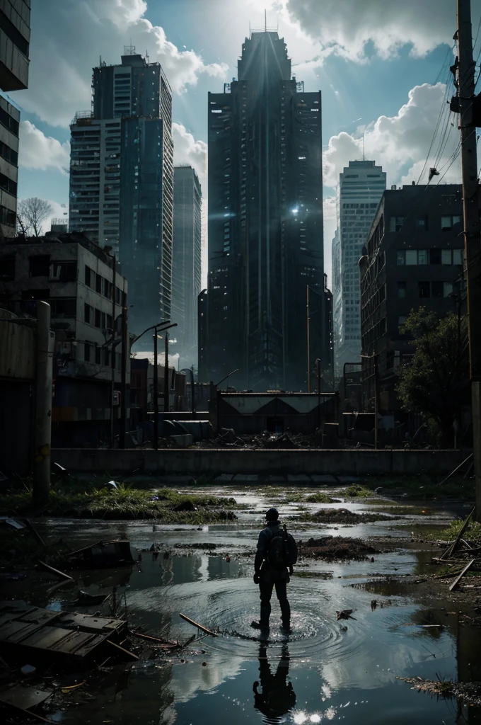 A partially submerged urban landscape in a post-nuclear world, where nature has begun to reclaim the area in twisted and grotesque forms. The scene shows warped trees, mutated vegetation, and grotesque animals taking over the ruins of a decayed city. In the foreground, a lone figure stands ready, wearing a gas mask and holding an improvised weapon, prepared to face the dangers of this distorted new world. The atmosphere is eerie and unsettling, with dark shadows and a sense of decay and mutation pervasive throughout the environment, cinematic lighting, chiaroscuro, depth of field, god rays, reflection light, chromatic aberration, ray tracing, drop shadow, optical illusion, silhouette, masterpiece, masterpiece, UHD, high details, high quality, best quality, highres, 8k