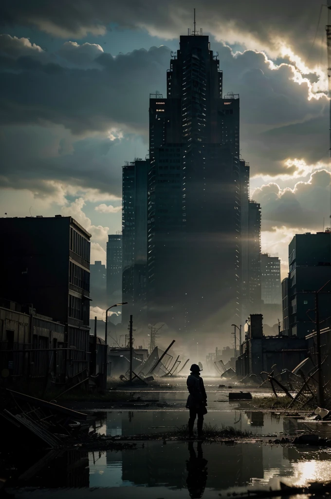 A partially submerged urban landscape in a post-nuclear world, where nature has begun to reclaim the area in twisted and grotesque forms. The scene shows warped trees, mutated vegetation, and grotesque animals taking over the ruins of a decayed city. In the foreground, a lone figure stands ready, wearing a gas mask and holding an improvised weapon, prepared to face the dangers of this distorted new world. The atmosphere is eerie and unsettling, with dark shadows and a sense of decay and mutation pervasive throughout the environment, cinematic lighting, chiaroscuro, depth of field, god rays, reflection light, chromatic aberration, ray tracing, drop shadow, optical illusion, silhouette, masterpiece, masterpiece, UHD, high details, high quality, best quality, highres, 8k