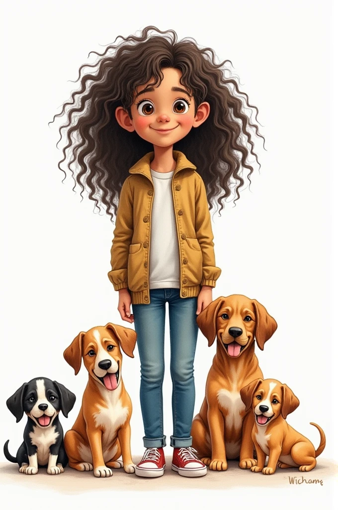 An 8-year-old child drawing a student with long curly hair and several puppies