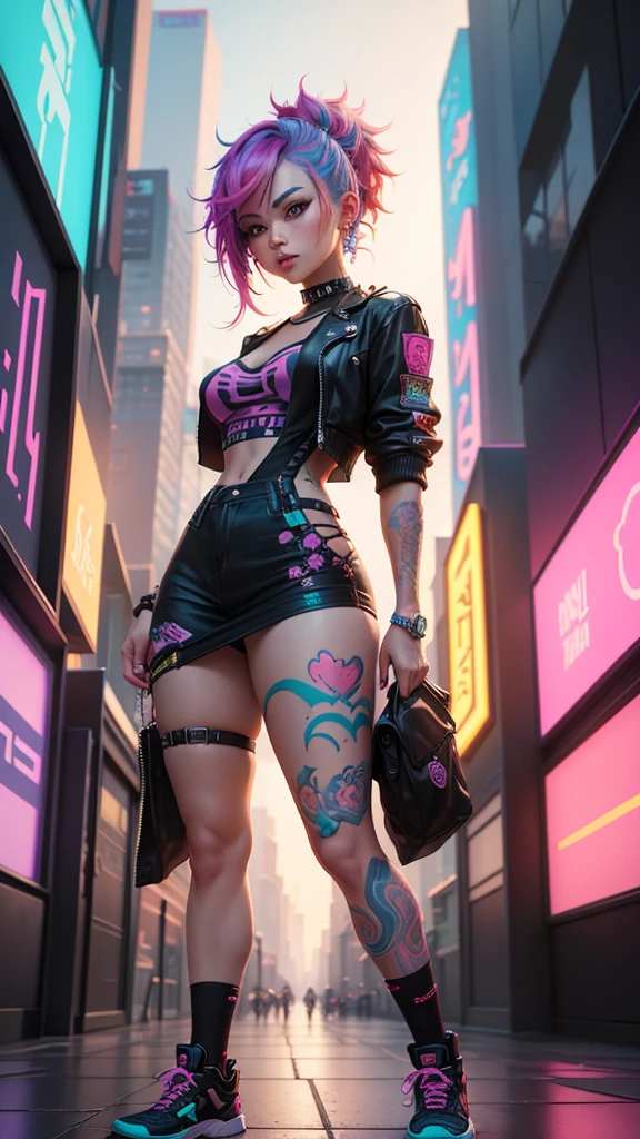 A woman with colorful hair and tattoos standing in a city., RossDraws Vibrant Pastel, rossdraws vibrant cartoons, cyberpunk vibrant colors, colorful digital painting, colorful art germ!!!, dreamy colorful cyberpunk colors, gorgeous digital art, digital cyberpunk - anime art, inspired by rossdraws, colorful aesthetics, cyberpunk style color, 80's airbrush aesthetic, Vibrant digital painting