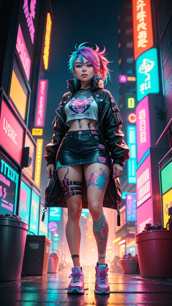 A woman with colorful hair and tattoos standing in a city., RossDraws Vibrant Pastel, rossdraws vibrant cartoons, cyberpunk vibrant colors, colorful digital painting, colorful art germ!!!, dreamy colorful cyberpunk colors, gorgeous digital art, digital cyberpunk - anime art, inspired by rossdraws, colorful aesthetics, cyberpunk style color, 80's airbrush aesthetic, Vibrant digital painting