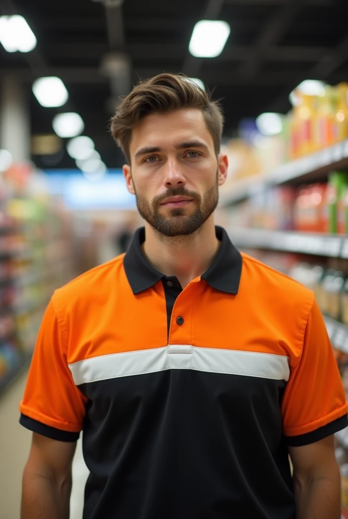 a man in the back with an orange, black and white polo shirt in a supermarket uniform with a blurred background