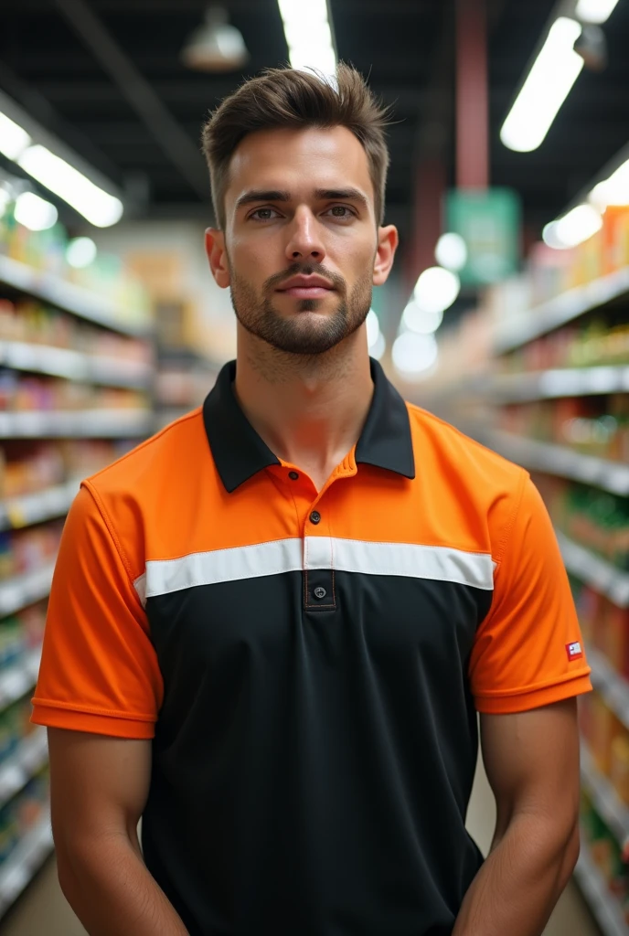 a man in the back with an orange, black and white polo shirt in a supermarket uniform with a blurred background