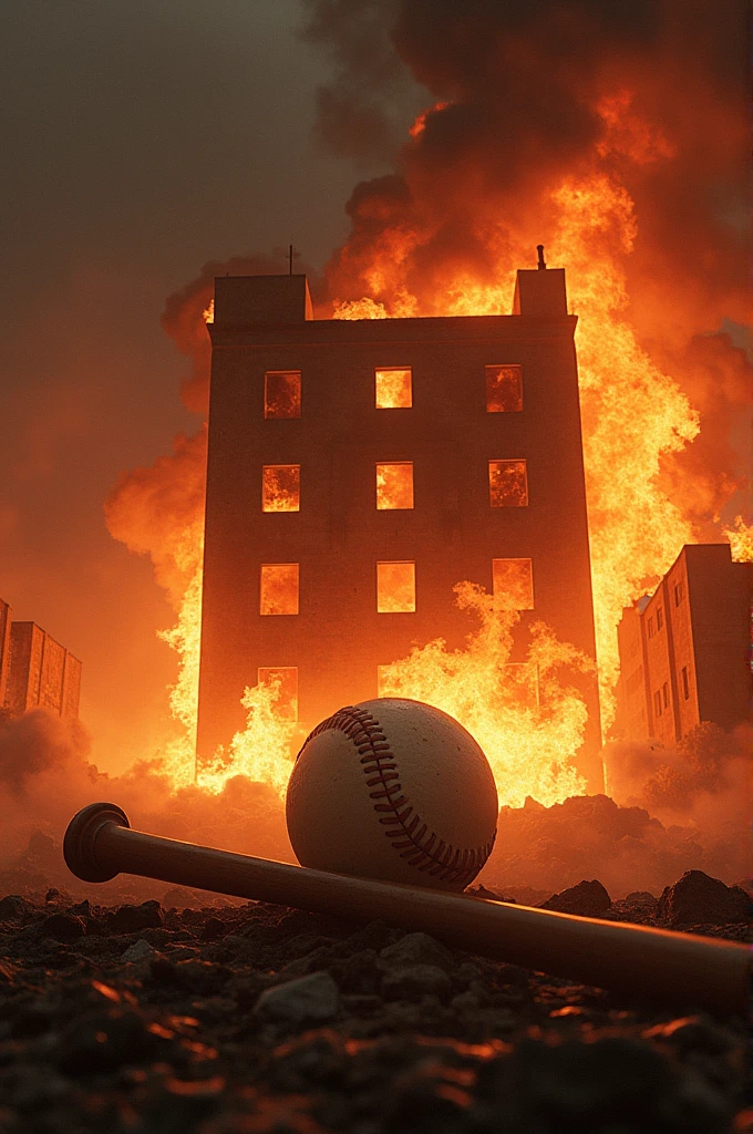 LC1 engulfed in flames and in the center a ball and a baseball bat