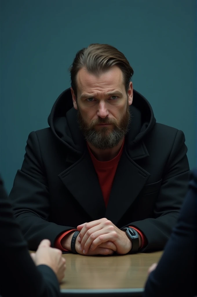 Create Luke A New Man, bearded man with hair that looks like a corn cob, only brown, with a side parting, your look is sad and depressed, without hope, because he accidentally caused the death of his son.He wears a black coat and the hood is on his head, Red shirt that is hard to see and a black bracelet on the right hand. Your hands are on a circular table where two more men are sitting.. The photo only shows the backs of the two men, while luke appears (half up) and behind is a blue wall