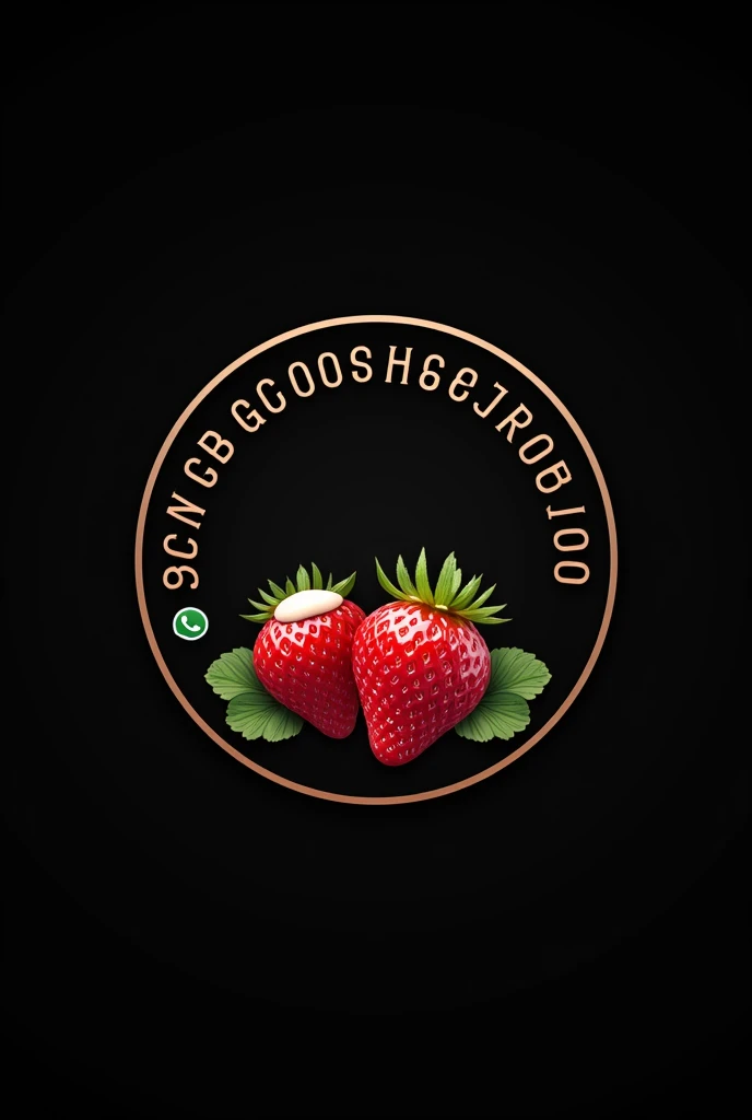 Logo circular ,of strawberries with simple cream,elegant, minimalist design, realism ,that says around Strawberry Paradise black background on the inside of the border that is the number 0985342882 and the WhatsApp icon