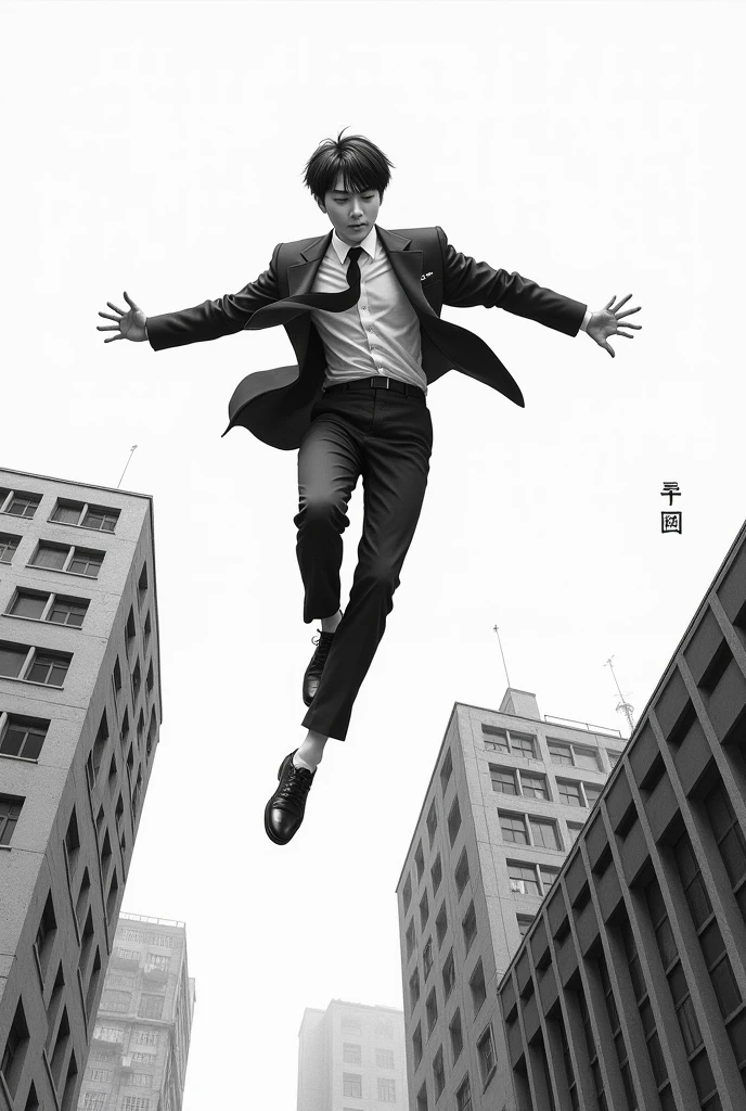 Korean male student in uniform jumping from the roof of a building black and white drawing
