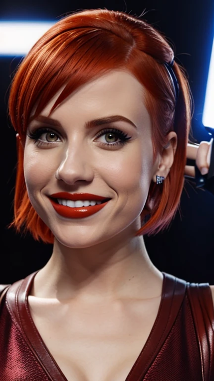 Hayley Williams wearing sexy star wars clothes with lipstick and smiling