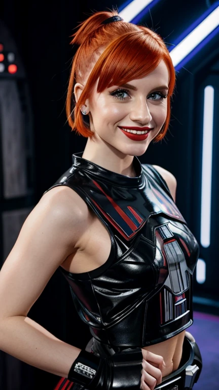 Hayley Williams wearing sexy star wars clothes with lipstick and smiling