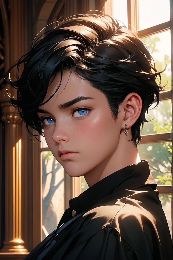 a young man with short black hair, wearing a schoolboy outfit, has a wizard-like appearance with an animal tattoo, has blue eyes and a grumpy look, in a medieval-style classroom, at a magic school, beautiful eyes, delicate features, soft colors, serene atmosphere, high quality, detailed, photorealistic, photo-realistic:1. 37, 4k, ultra-detailed, extremely detailed, hyperrealistic, highly detailed, masterpiece:1.2, vibrant colors, natural lighting, cinematic, dramatic, fantastic, magical, surreal.