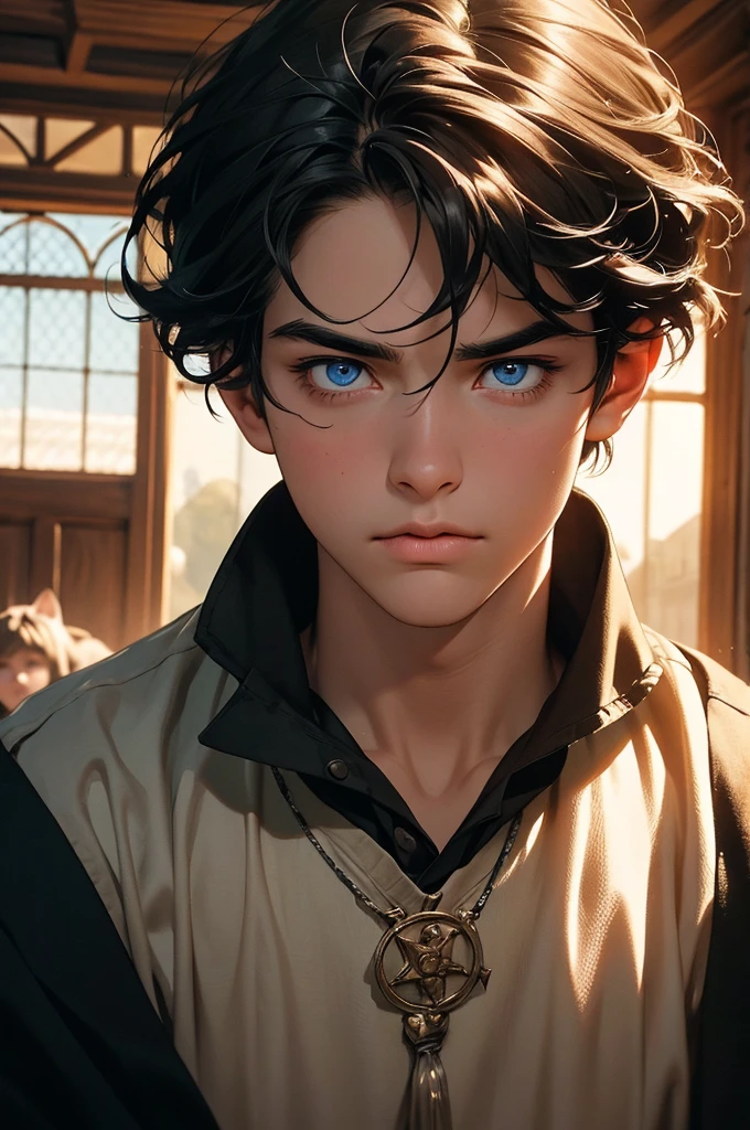 a young man with short black hair, wearing a schoolboy outfit, has a wizard-like appearance with an animal tattoo, has blue eyes and a grumpy look, in a medieval-style classroom, at a magic school, beautiful eyes, delicate features, soft colors, serene atmosphere, high quality, detailed, photorealistic, photo-realistic:1. 37, 4k, ultra-detailed, extremely detailed, hyperrealistic, highly detailed, masterpiece:1.2, vibrant colors, natural lighting, cinematic, dramatic, fantastic, magical, surreal.
