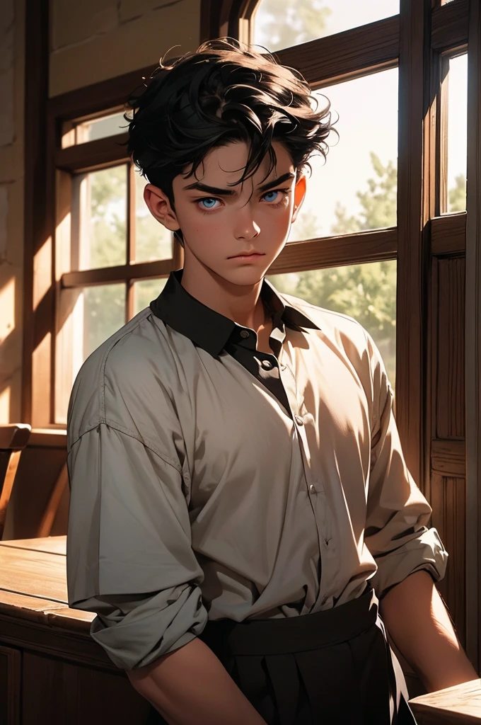 a young man with short black hair, wearing a schoolboy outfit, has a wizard-like appearance with an animal tattoo, has blue eyes and a grumpy look, in a medieval-style classroom, at a magic school, beautiful eyes, delicate features, soft colors, serene atmosphere, high quality, detailed, photorealistic, photo-realistic:1. 37, 4k, ultra-detailed, extremely detailed, hyperrealistic, highly detailed, masterpiece:1.2, vibrant colors, natural lighting, cinematic, dramatic, fantastic, magical, surreal.