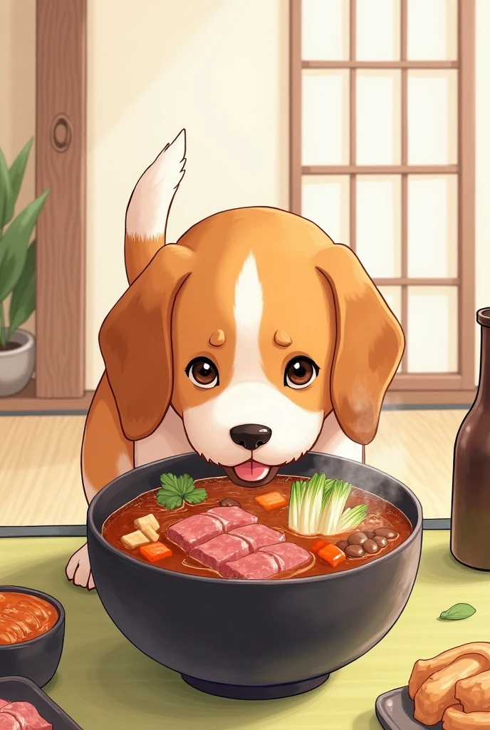 Beagle dog、eating sukiyaki。