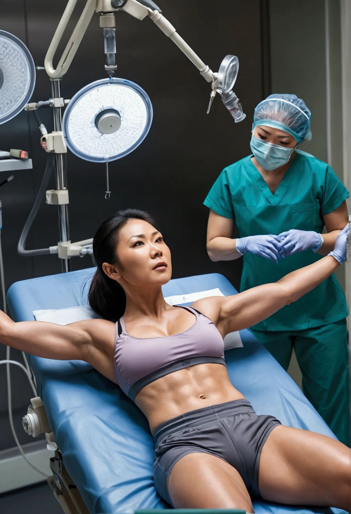 Attractive muscular 30 year old asian woman wearing sports bra and long pants lying down on her back on steel operating table in operating room with lots of medical equipment next to her. Serious facial expression. Sweaty. Medical tubes and lines attached to her body. Female nurse standing next to her. Photo taken from side