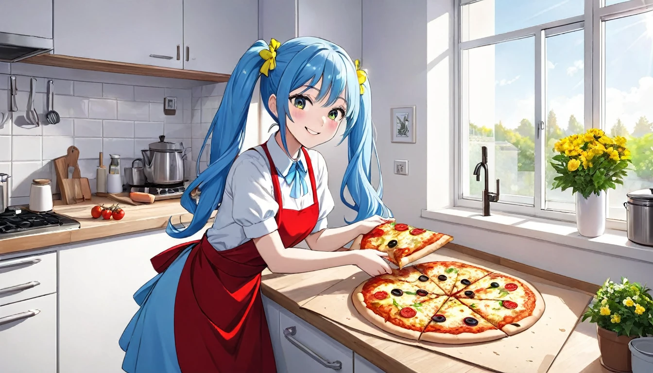 Light blue long hair、Beautiful girl with twin tails、She is making a big pizza in a red apron.、Bright smile、Bright, sunny kitchen、There are lots of margaret flowers on the windowsill.、